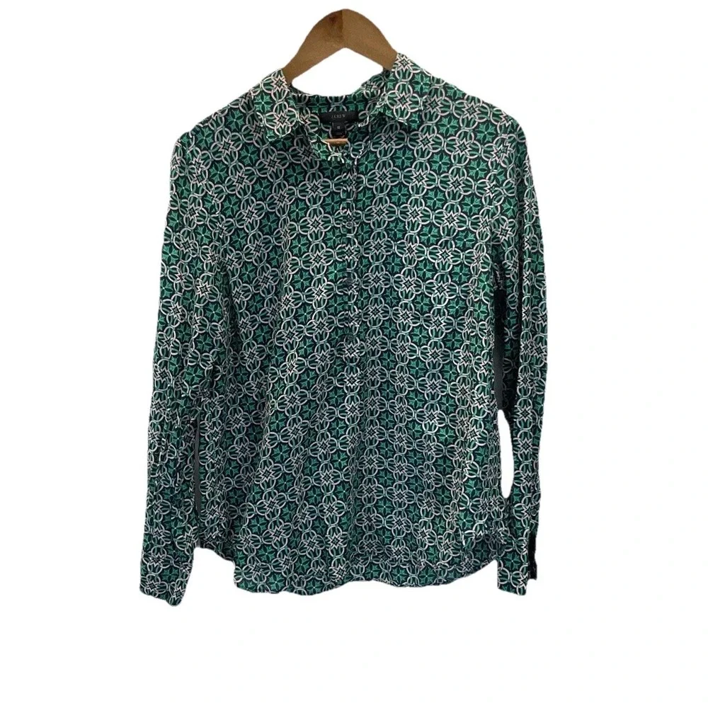 J. Crew Womens Top Size 12 Green Blue Printed Tunic Shirt Long‎ Sleeve Silk Blnd